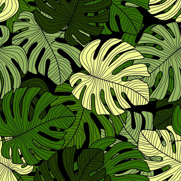 Monstera green leaves seamless pattern on black background. - Vector, Image