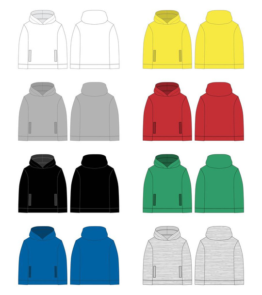 Set of technical sketch for men hoodie. Front and back view. - Vector, Image