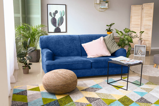 Stylish interior of room with blue sofa and green houseplants - Foto, imagen