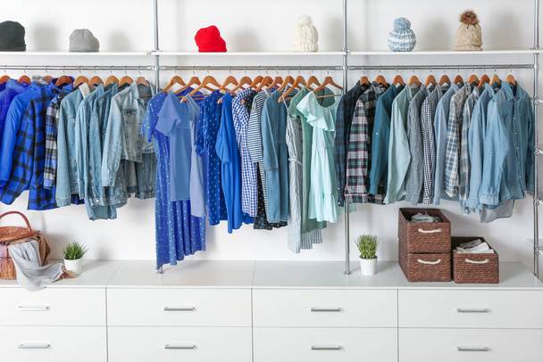 Stijlvolle blauwe kleding en accessoires in garderobe - Foto, afbeelding