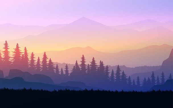 Natur Wald Natur Kiefer Wald Berge Horizont Landschaft Tapete Sonnenaufgang und Sonnenuntergang Illustration Vektor Stil bunt Ansicht Hintergrund - Vektor, Bild