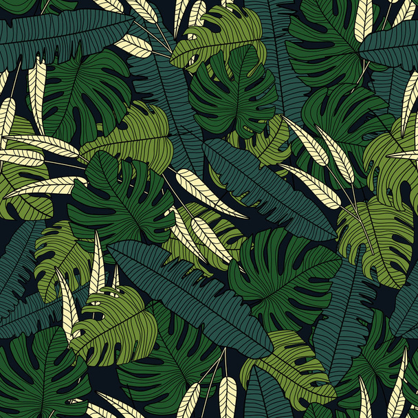 Tropical leaves vector seamless pattern on black background. - Vector, Image