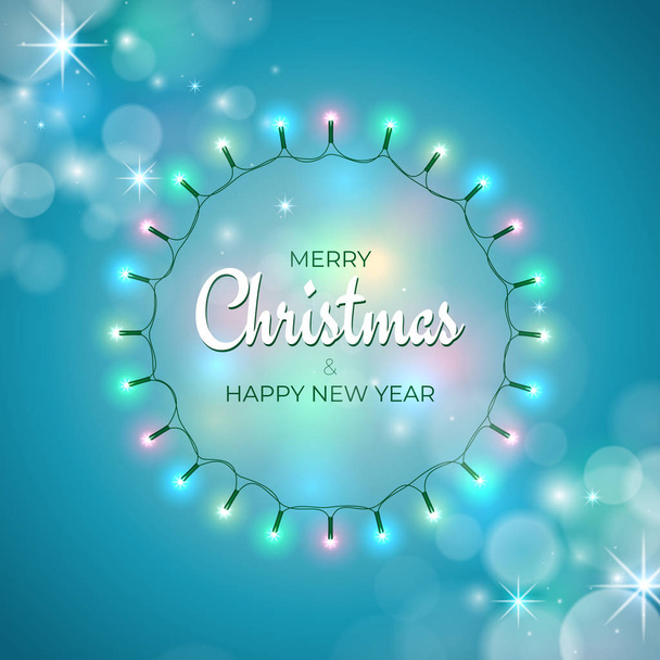 Colourful christmas lights. Wreath of glowing xmas garland. Merry Christmas and happy new year holiday greeting card. Glowing lights on blue background. Vector holiday xmas party banner design - Vector, Image
