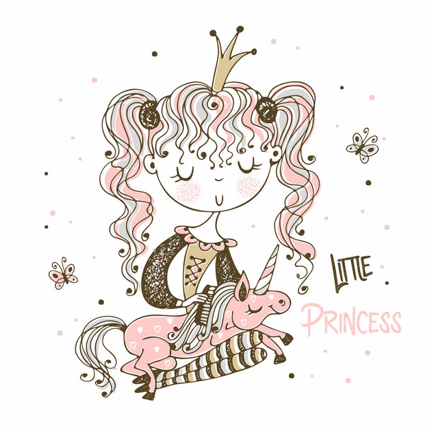 Pequeña princesa linda peina la melena de su unicornio. Vector
. - Vector, imagen