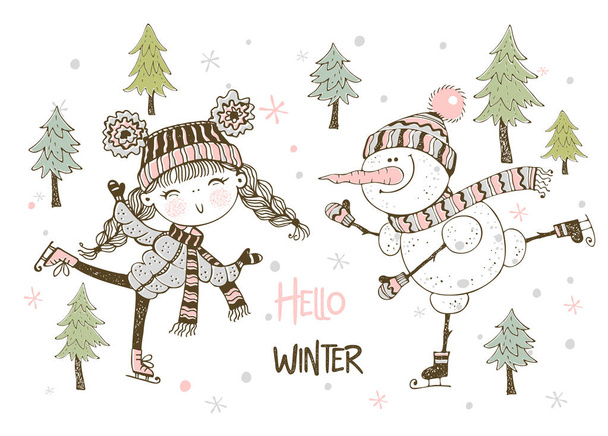 Şirin kız ve şapkalı kardan adam paten kayıyor. Merhaba kış. Vektör. - Vektör, Görsel