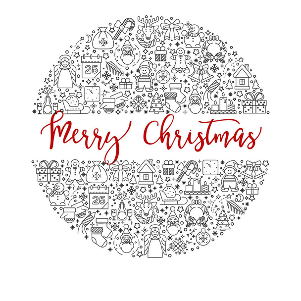 Veselé Vánoce prapor s svátky slavnostní lineární ikony v cir - Vektor, obrázek