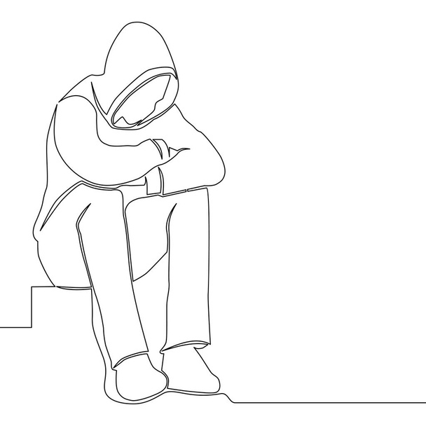 Continuous line drawing sad man alone concept - Vector, Image