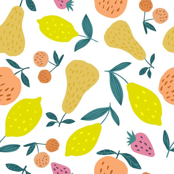 Seamless pattern with summer fruits. Cherry berries, apples, lemons, pears and leaves - Vetor, Imagem