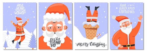 Conjunto de cartão de saudação com caráter Papai Noel em várias poses e letras
. - Vetor, Imagem