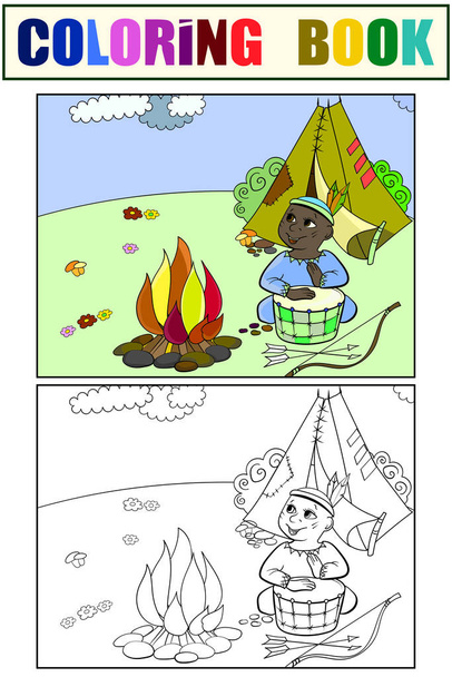 Children drawing, coloring and color. Theater scene, boy plays the role of Indian near fire and wigwam. Cartoon vector - Vector, Image