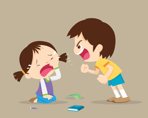 Angry boy shouting at cryng girl.bullying children - Vector, Image