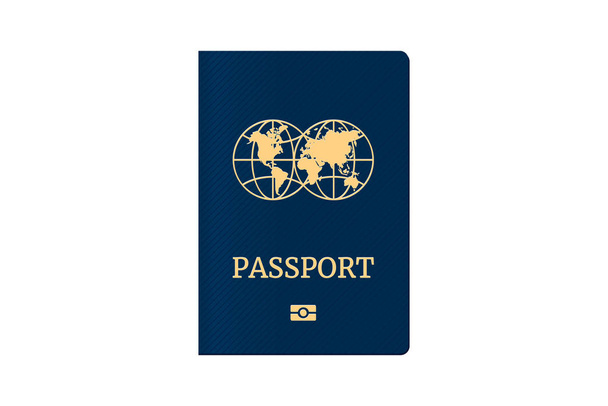 Mavi kapaklı dünya haritalı pasaport. Biyometrik tanımlama belgesi şablonu. Vektör illüstrasyonu - Vektör, Görsel
