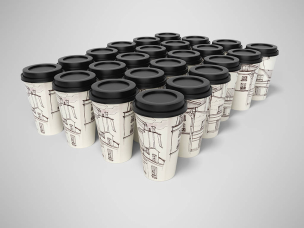 グループコーヒーカップのためにコーヒー3dレンダリング上の灰色の背景ウィット - 写真・画像