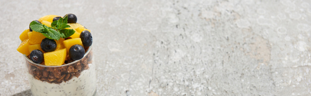 friss müzli őszibarackkonzervvel, áfonyával és chia maggal szürke betonfelületen, panorámás felvétel - Fotó, kép