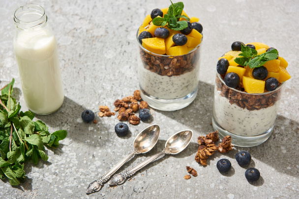 tasty granola with canned peach, blueberries and yogurt with chia seeds on grey concrete surface with spoons, mint and milk - Foto, Bild