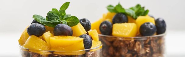 close up view of tasty granola with canned peach, blueberries and mint, panoramic shot - Photo, Image