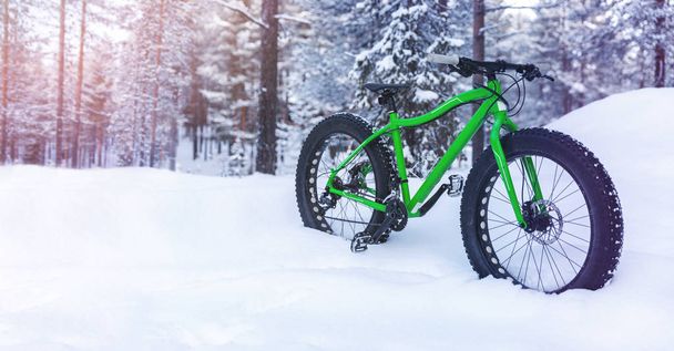 aventuras de invierno - bicicleta de grasa de pie en la nieve en finla nevada
 - Foto, imagen