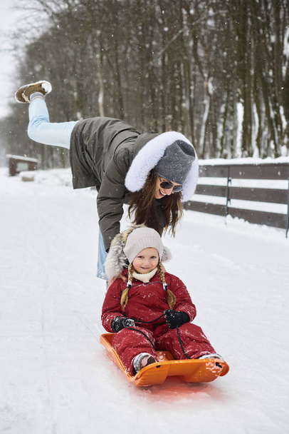 A young beautiful mom sledges her baby - Photo, Image