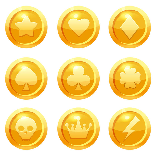 Set of golden coins with star, heart, club, heart, tambourine, peak, clover leaf, scull,crown, lightning symbols. For web, game or application GUI UI. Vector illustration isolated - Vector, Image