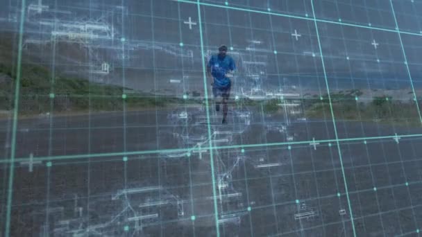Animation of data processing with a man running on a road in the background - Felvétel, videó