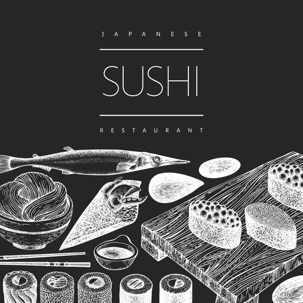 Japanese cuisine design template. Sushi hand drawn vector illust - Vetor, Imagem