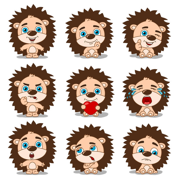 set of charming cartoon characters of hedgehogs with different poses and emotions  - Вектор,изображение