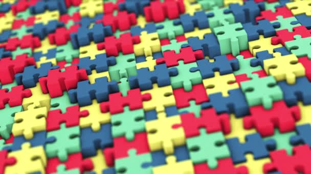 Colorful animated background from the pieces of the puzzle. Four colors: red, blue, green, yellow. 3D render. Depth of field.4K. - Footage, Video