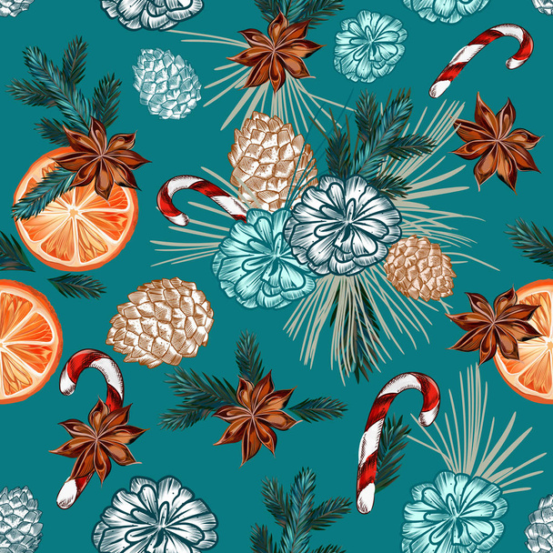 Christmas vector seamless pattern with fur tree branches, orange - ベクター画像
