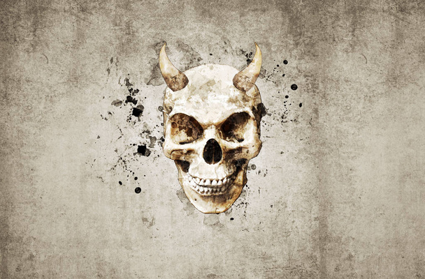 Crânio pintado com chifres em um fundo cinza com manchas
 - Foto, Imagem