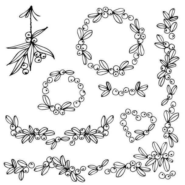 leaves and berries hand drawn decorative monochrome wreath heart border frame Christmas Thanksgiving New Year festive vector illustration set isolated on white background - ベクター画像