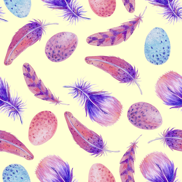 watercolor bright seamless pattern eggs feathers - Фото, зображення