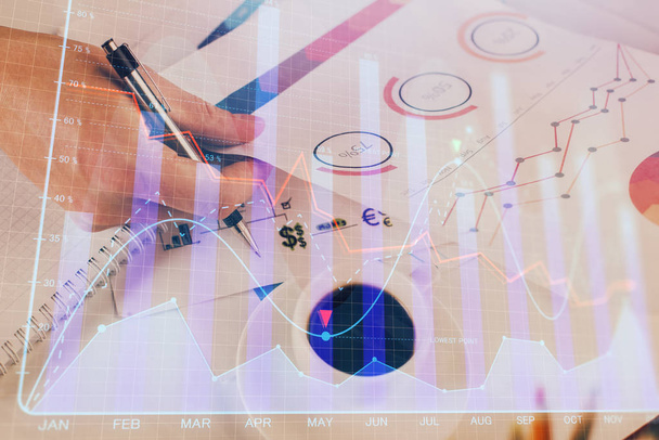 Multi exposure of man planing investment with stock market forex chart. - 写真・画像