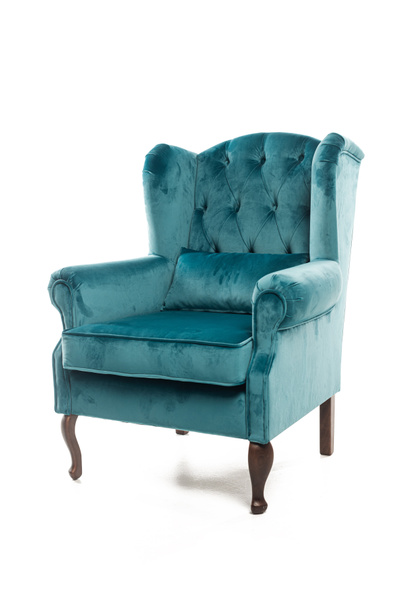 Turquoise armchair with velvet pillow isolated on white - Photo, Image