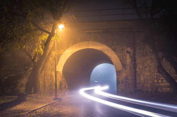 Tunel. Cesta ven se strašidelnou mlhou a mlhou v noci s lodními cestami z auta. - Fotografie, Obrázek