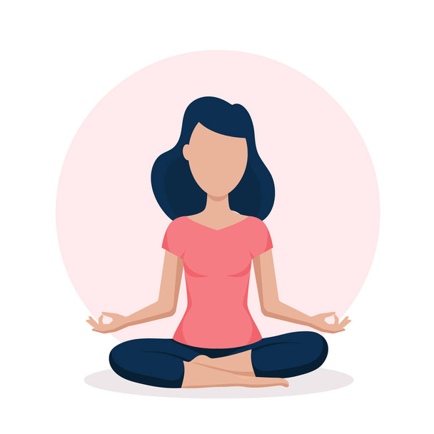 Женщина медитирует на белом фоне. Йога, медитация, расслабление, концепция здорового образа жизни. Векторный сток
 - Вектор,изображение