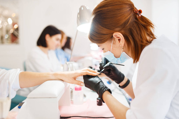 Group of women relax on manicure procedure in beauty salon. Professional beautician and female customers, nail care in spa studio, fingernail treatment - 写真・画像