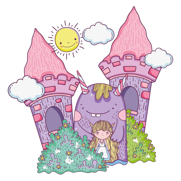 kleine fee met monster in het kasteel - Vector, afbeelding