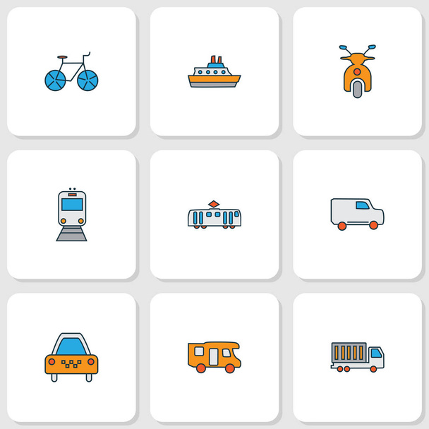 Iconos del vehículo línea de color conjunto con tren, bicicleta, scooter y otros elementos del camión. Iconos de vehículos de ilustración aislados
. - Foto, Imagen