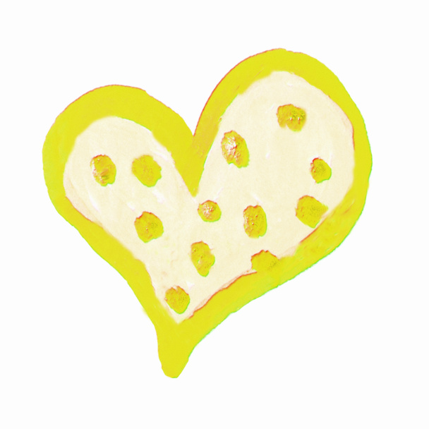 Yellow watercolor heart background design, decorated with circles and dots, on white background, romantic love symbol - Photo, image