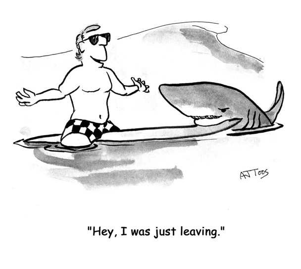 Dibujos animados ilustración. Hombre hablando en el mar con un tiburón
 - Foto, Imagen