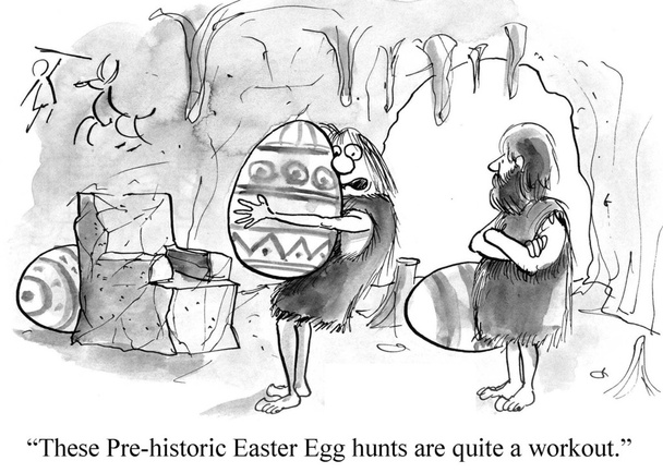 Cartoon-Illustration. Urgeschichtliches Osterfest - Foto, Bild