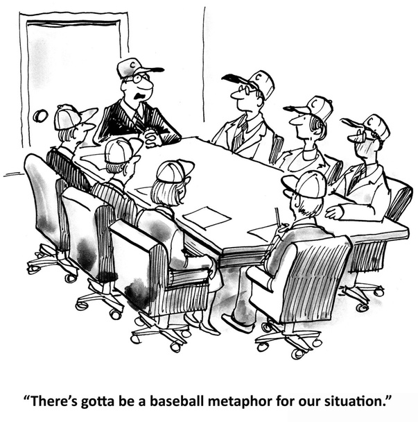 Cartoon illustratie. Mensen uit het bedrijfsleven in een honkbal caps aan de tafel zitten - Foto, afbeelding