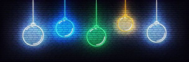 Christmas ball neon background. Set of realistic colorful Xmas glowing decorations - Vector, Image