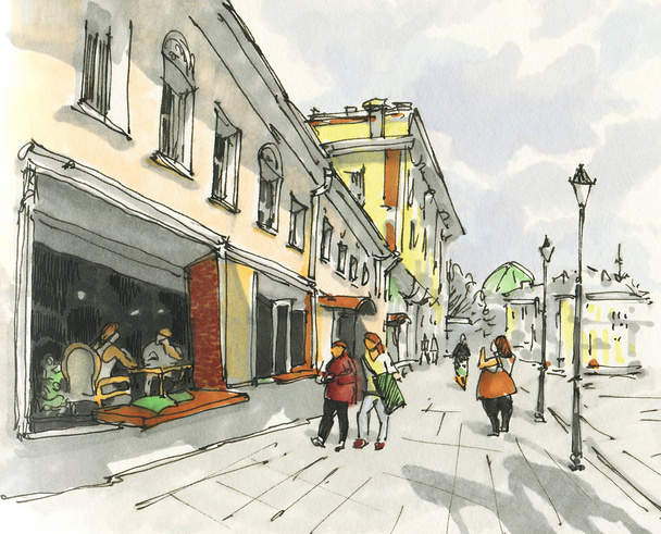 Urban sketch.  Street in the city centre. Drawing markers. Hand-drawn illustration.  - Photo, Image