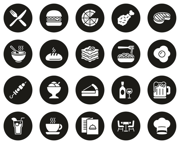 Ebéd ikonok fehér fekete kör készlet nagy - Vektor, kép