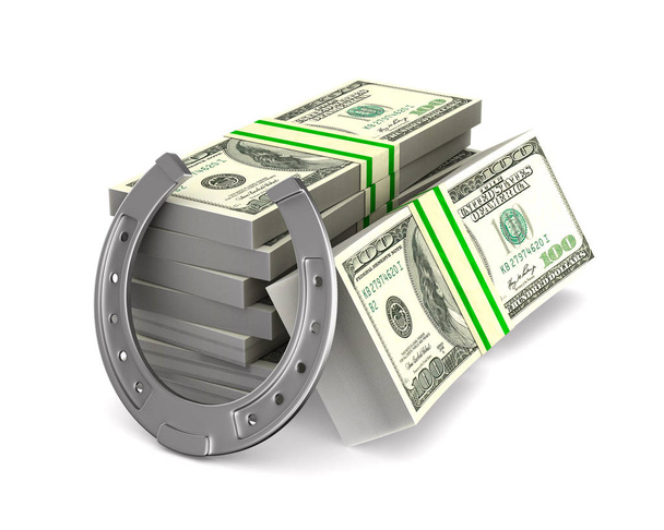 horseshoe and money on white background. Isolated 3D illustratio - Foto, Imagen