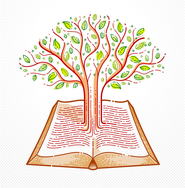 Drzewo rosnące na liniach tekstowych otwartej koncepcji edukacji książkowej lub wiedzy naukowej vintage, logo wektora literatury edukacyjnej lub naukowej lub godło.  - Wektor, obraz
