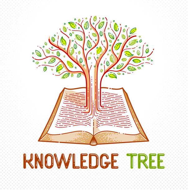 Tree growing from text lines of an open vintage book education or science knowledge concept, educational or scientific literature library vector logo or emblem.  - Wektor, obraz