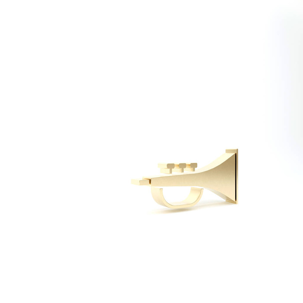 Altın müzik aleti trompet ikonu beyaz arka planda izole edilmiş. 3d illüstrasyon 3d canlandırma - Fotoğraf, Görsel