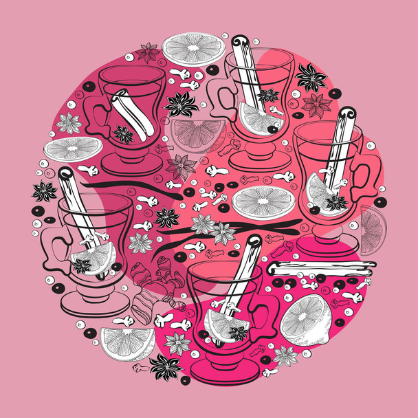 Mulled wine. Christmas hot drink. Glass and spices. Vector illustration. - Vector, Image